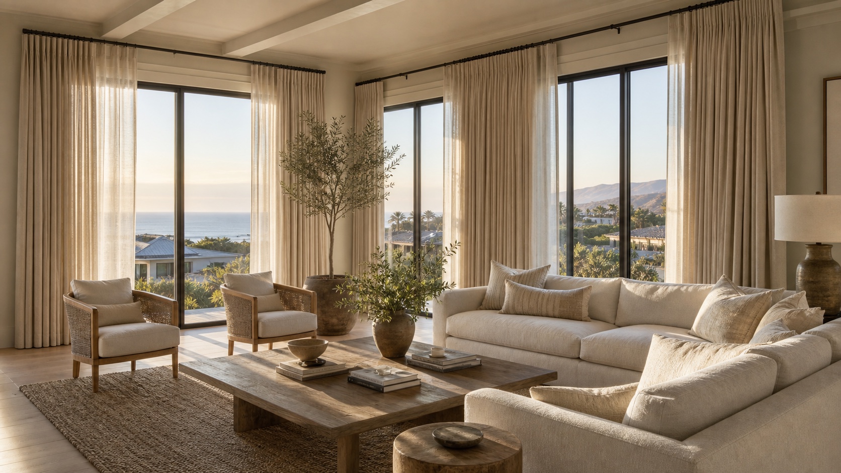 Coastal living room with soft custom drapery panels