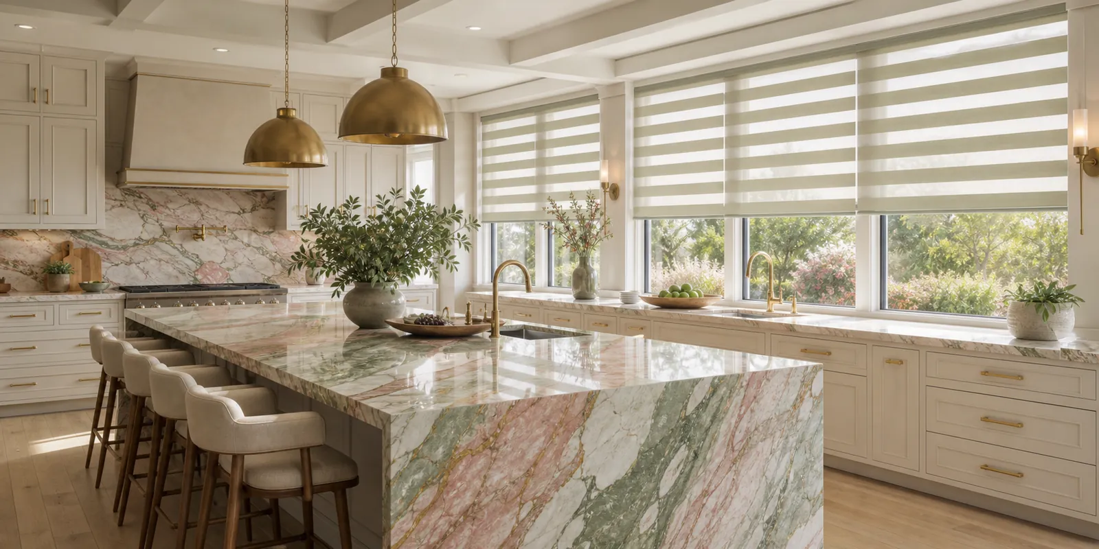 Layered shades matched to colorful marble in a bright kitchen