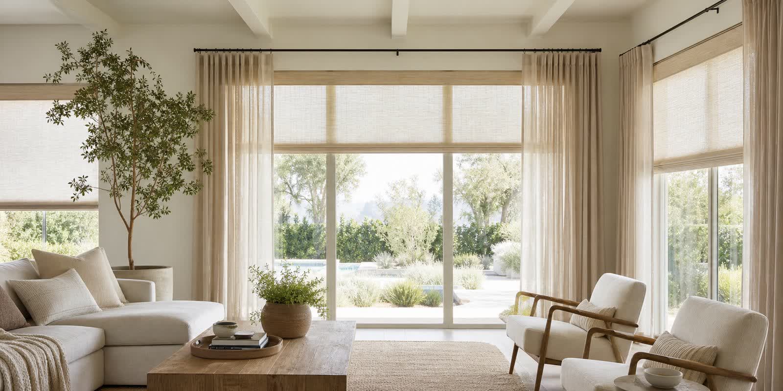 Custom shades and drapery in a bright Ventura County living room