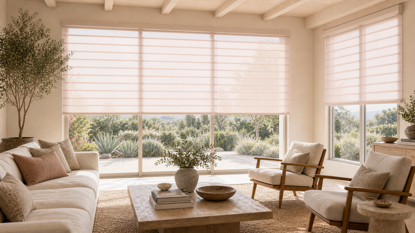 Living room windows fitted with translucent sheer shades