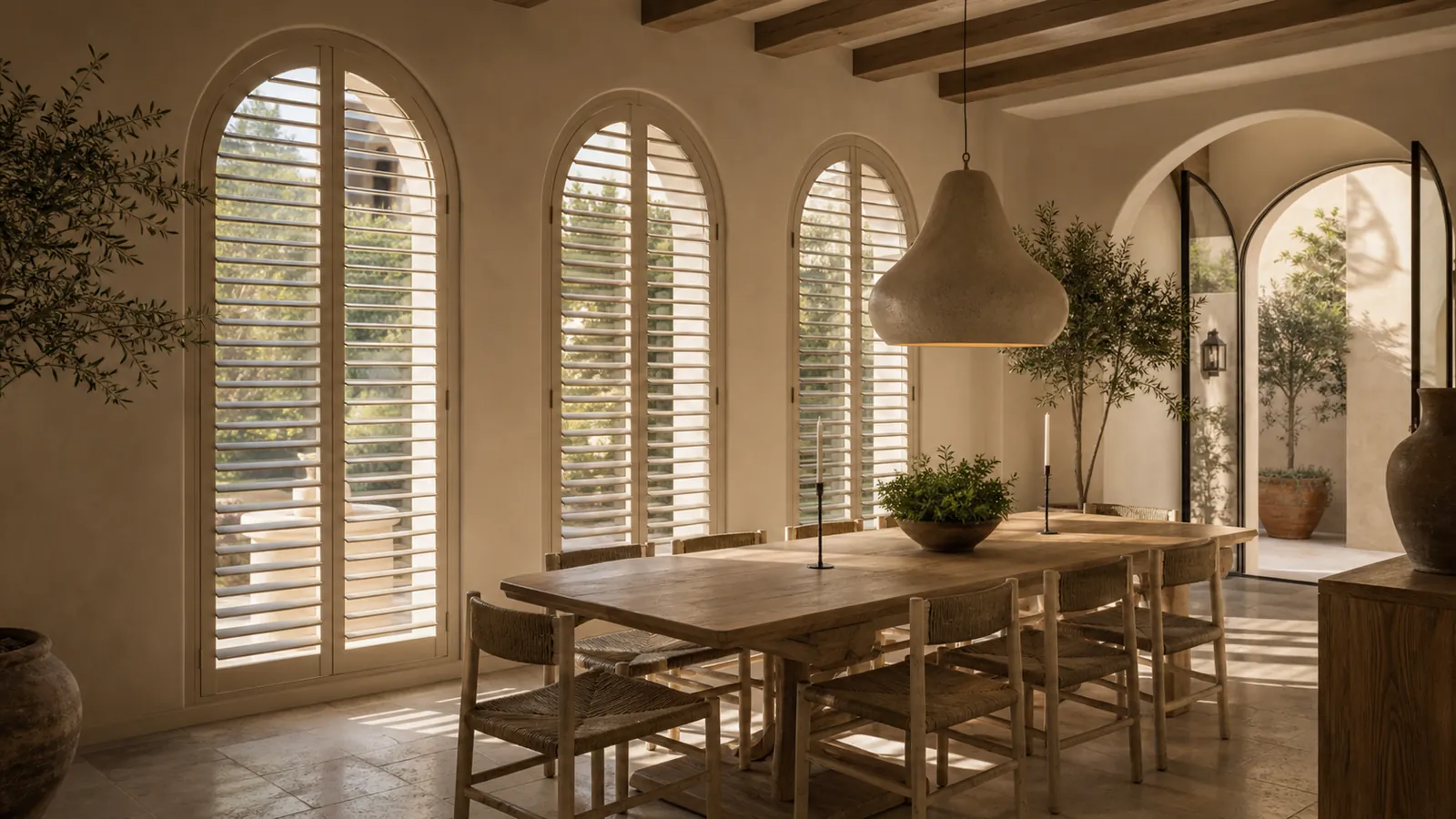 Arched dining room windows fitted with white plantation shutters