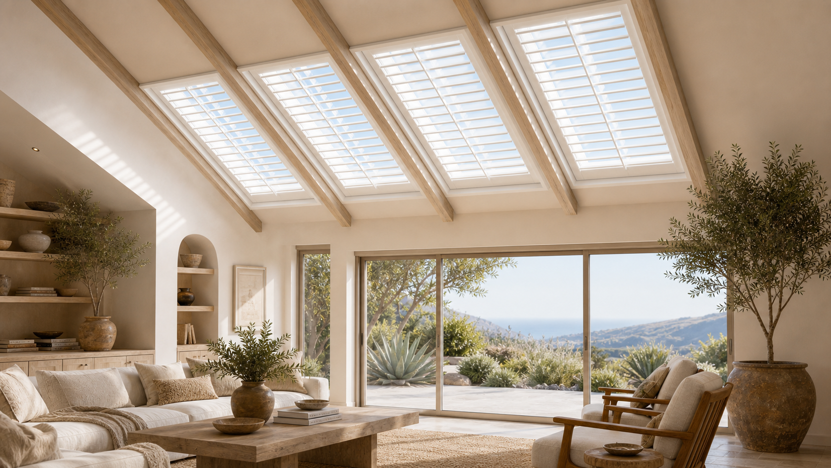 Angled skylights fitted with white louvered shutters